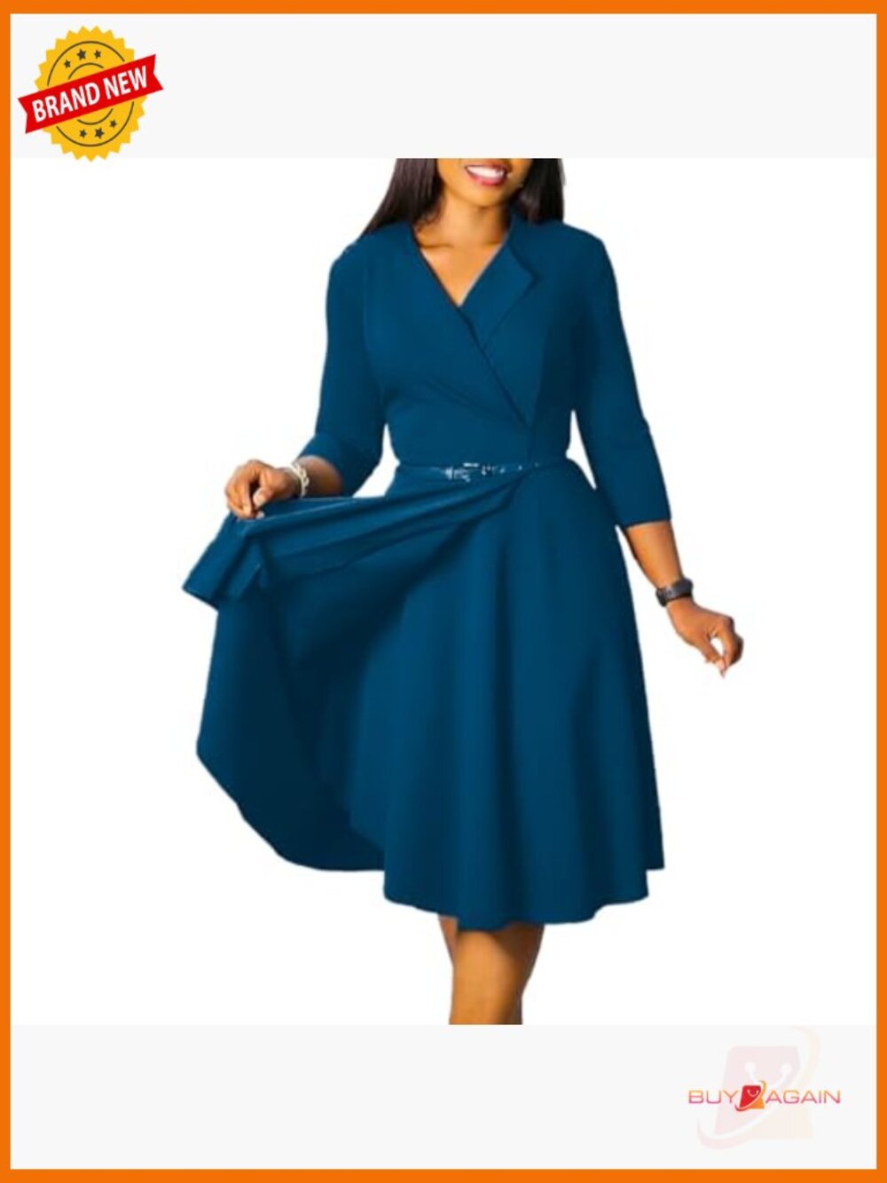 3/4 Sleeve A-Line Dress with Belt for Wedding Guest or Work - Picture 2 of 7